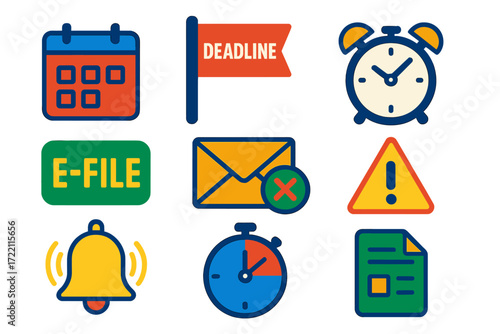 Tax Deadline Icons. Flat vector icons of tax deadlines: calendar icon, deadline flag, alarm clock; e-file stamp, mail envelope,