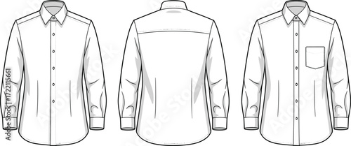 Men’s formal shirt front back technical flat sketch, fashion design vector template, apparel illustration, clothing mockup for garment industry design