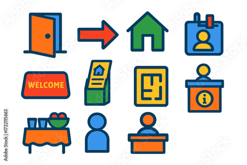 Modern Open House Icons. Flat vector icons of open houses: open door, directional arrow, house outline; welcome mat, brochure