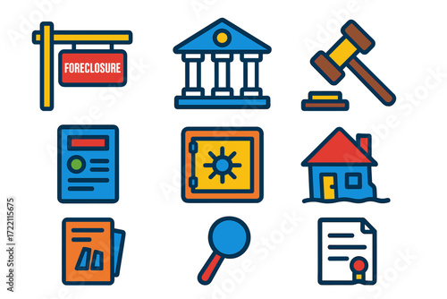 Foreclosure Process Icons. Flat vector icons of foreclosure process: foreclosure sign, courthouse, auction gavel; notice letter,