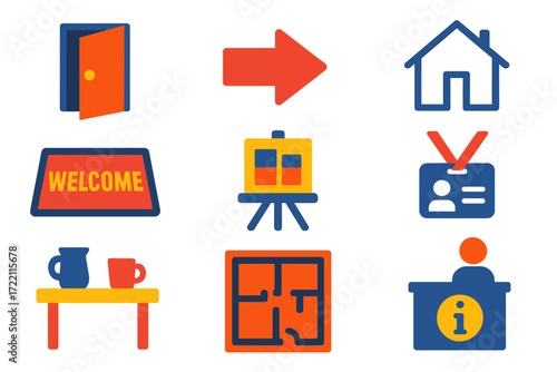 Modern Open House Icons. Flat vector icons of open houses: open door, directional arrow, house outline; welcome mat, brochure