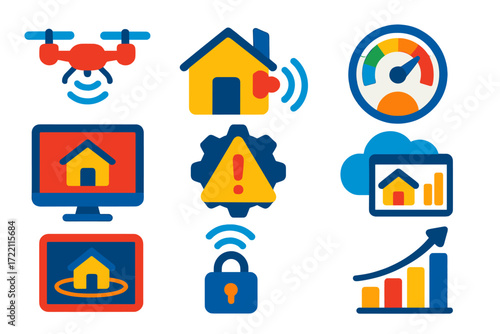 Remote Property Management Icons. Flat vector icons of remote property management: drone survey, remote sensor, IoT gauge; camera