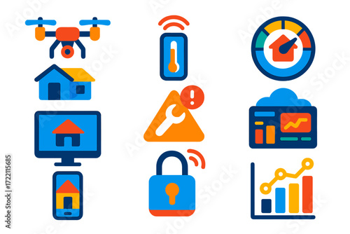 Remote Property Management Icons. Flat vector icons of remote property management: drone survey, remote sensor, IoT gauge; camera