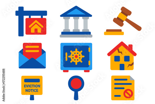 Foreclosure Process Icons. Flat vector icons of foreclosure process: foreclosure sign, courthouse, auction gavel; notice letter,