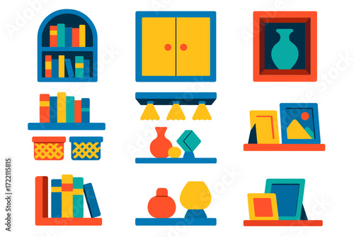 Modern Shelving Icons. Flat vector icons of built-in shelving interiors: bookshelf alcove, cabinet doors, display niche; floating