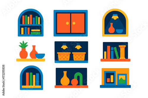 Modern Shelving Icons. Flat vector icons of built-in shelving interiors: bookshelf alcove, cabinet doors, display niche; floating