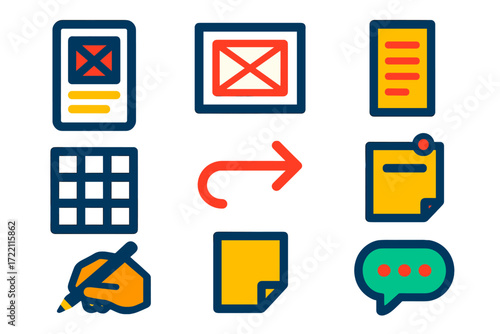 Minimalist UX Icons. Flat vector icons of UX wireframing: low-fidelity screen, placeholder box, lorem ipsum text; grid layout,