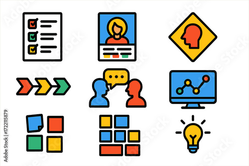 Design Research Icons. Flat vector icons of design research: survey form, persona profile, empathy map; journey map, user