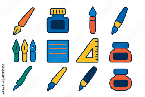 Vibrant Calligraphy Icons. Flat vector icons of calligraphy tools: dip pen, ink jar, brush pen, nib set, guideline sheet, ruler,