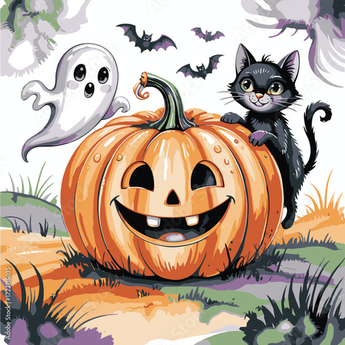 Watercolor Halloween Tales With Cats And Ghosts Under Full Moon  