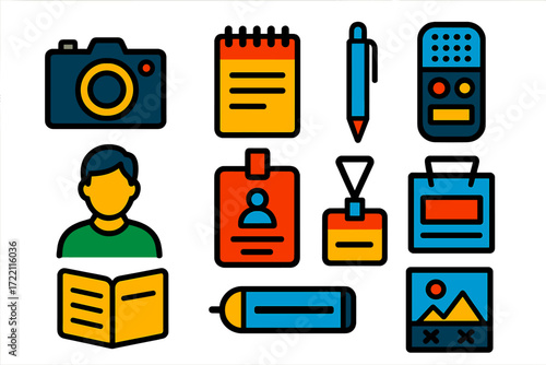 Documentary Photography Icons. Flat vector icons of documentary photography: vintage camera, notepad, pen, audio recorder,