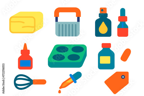 Soap Crafting Icons. Flat vector icons of soap crafting components: soap base, soap cutter, fragrance bottle, colourant, silicone