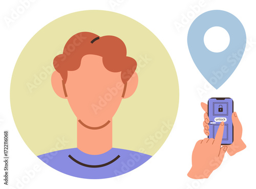 Persons face beside location pin and smartphone unlocking screen. Ideal for technology, biometrics, security, privacy, facial recognition, navigation, digital interaction. Simple flat metaphor