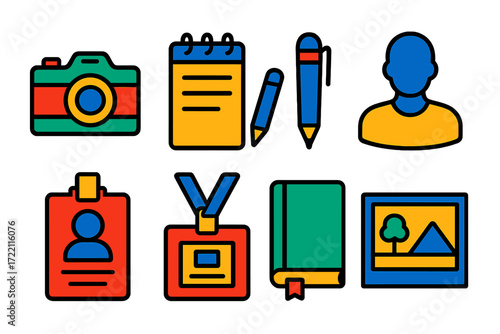 Documentary Photography Icons. Flat vector icons of documentary photography: vintage camera, notepad, pen, audio recorder,
