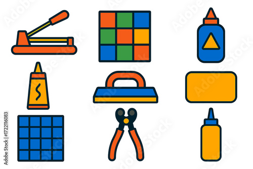 Mosaic Crafting Icons. Flat vector icons of mosaic crafting pieces: tile cutter, mosaic tile, adhesive, grout tube, grout float,