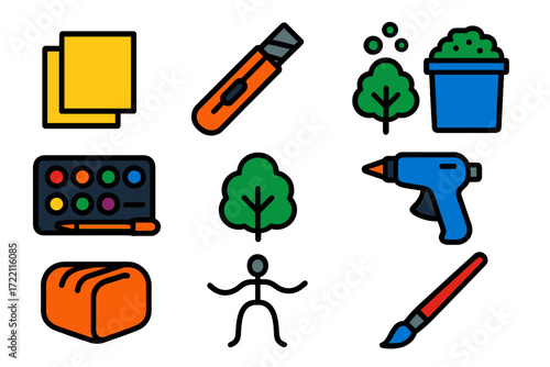 Diorama Tools Icons. Flat vector icons of diorama creation tools: foam board, craft knife, scenery flock, paint set, miniature