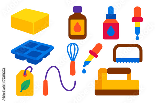 Bright Soap Craft Icons. Flat vector icons of soap crafting: soap base block, fragrance bottle, colourant, silicone mould, whisk,