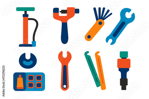 Bicycle Repair Icons. Flat vector icons of bicycle repair tools: bike pump, chain tool, hex key set, spoke wrench, pedal wrench,