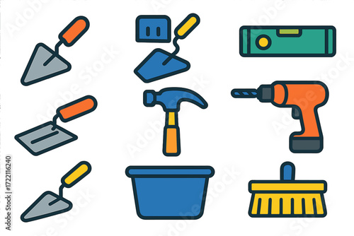 Modern Masonry Tools. Flat vector icons of masonry tools: brick trowel, mortar hoe, spirit level, jointer, brick hammer, masonry