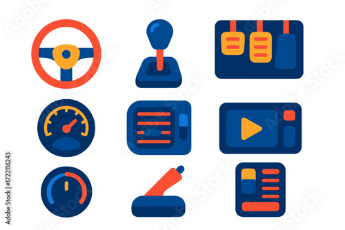 Modern Interior Control Icons. Flat vector icons of interior controls: steering wheel, gear shift, pedals, dashboard gauge, air