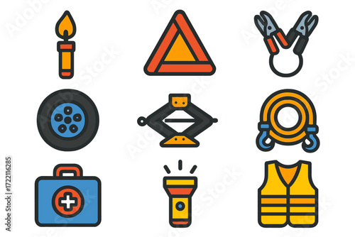 Emergency Roadside Icons. Flat vector icons of emergency roadside: road flare, warning triangle, jumper cables, spare tire, jack,