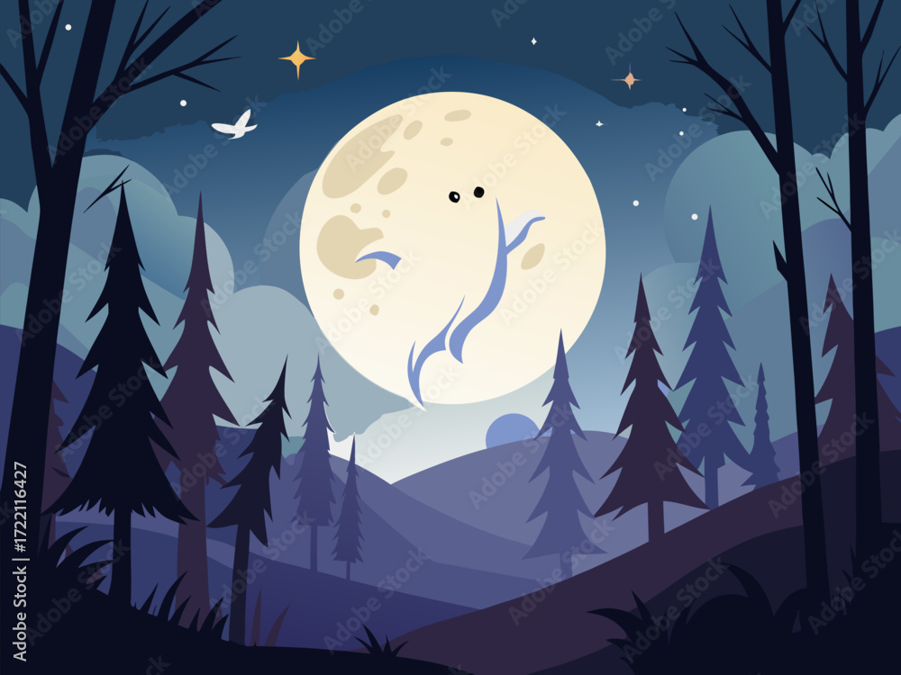 Fototapeta premium Spooky white ghost silhouette flying over dark forest with glowing full moon