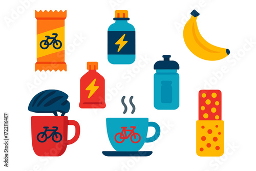 Cycling Snack Icons. Flat vector icons of bike-themed snacks: energy bar, electrolyte drink, banana, energy gel, protein shake,