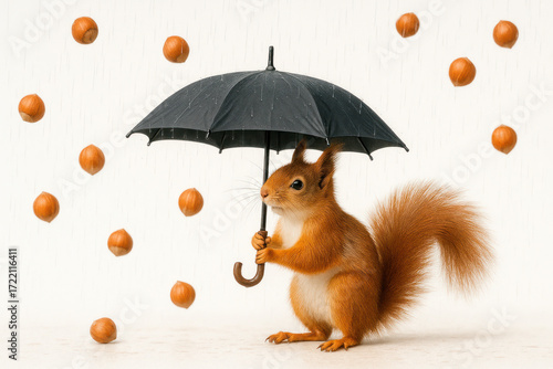 A squirrel with an umbrella in a rain of nuts.