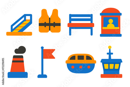 Colorful Ferry Icons. Flat vector icons of passenger ferry features: boarding ramp, life jacket, seating bench, ticket booth,