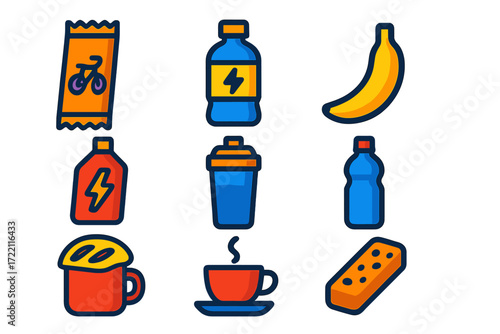 Cycling Snack Icons. Flat vector icons of bike-themed snacks: energy bar, electrolyte drink, banana, energy gel, protein shake,