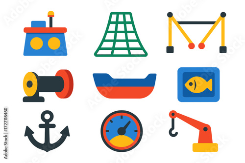 Trawler Component Icons. Flat vector icons of trawler components: wheelhouse, fishing net, trawl winch, outriggers, hull, anchor,