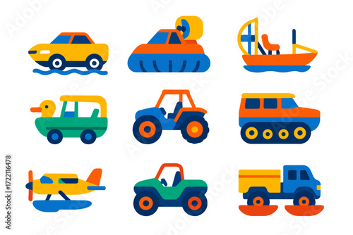 Amphibious Vehicles Icons. Flat vector icons of amphibious vehicles: amphibious car, hovercraft, airboat, duck boat, swamp buggy,