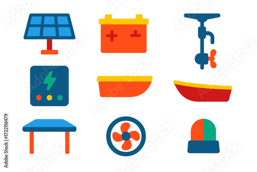 Solar Boat Icons. Flat vector icons of solar-powered boats: solar panel array, battery bank, electric motor, charge controller,