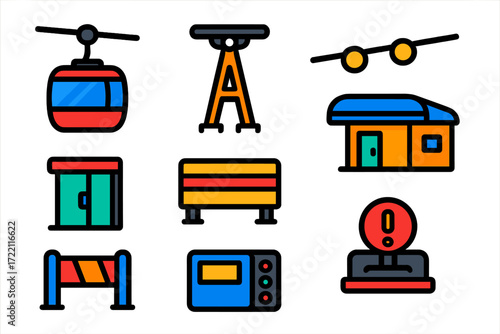 Cable Car Icons. Flat vector icons of cable car system: cable car cabin, support tower, haul rope, terminal station, boarding gate