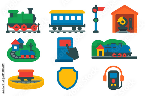 Rail Museum Icons. Flat vector icons of rail museum exhibits: locomotive display, coach carriage, signal exhibit, model railway,