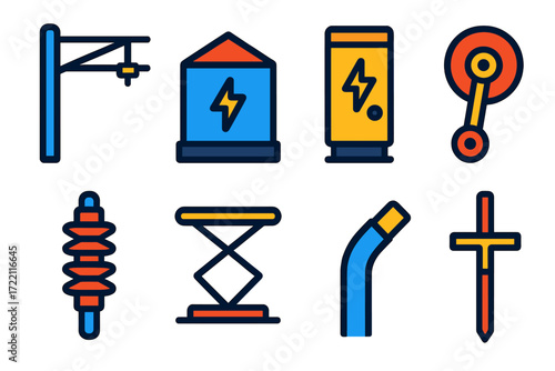 Railway Electrification Icons. Flat vector icons of railway electrification: catenary wire, overhead contact line, substation,