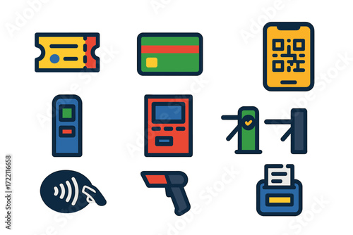 Modern Ticketing Icons. Flat vector icons of ticketing methods: paper ticket, smartcard, mobile app QR, ticket validator, vending