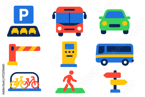 Park-and-Ride Icons. Flat vector icons of park-and-ride: parking lot, bus icon, car icon, entry gate, payment kiosk, shuttle bus,