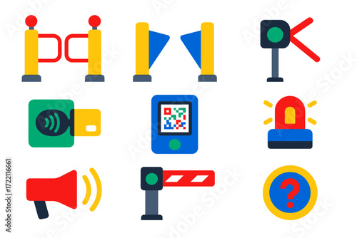 Colorful Ticket Barrier Icons. Flat vector icons of ticket barriers: swing gate, flap gate, turnstile, barrier arm, card reader,