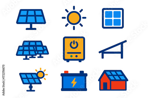 Solar Energy Icons. Flat vector icons of solar energy: solar panel, sun, photovoltaic cell, solar farm, inverter, mounting rack,