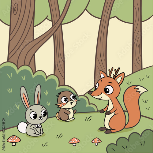 Adorable Cartoon Fox Rabbit and Vole in Forest Clearing.