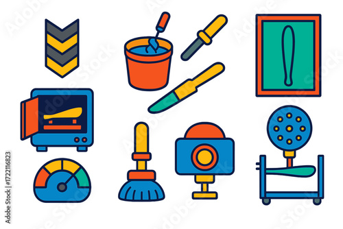 Blade Manufacturing Icons. Flat vector icons of blade manufacturing: composite material, resin mixer, mold frame, curing oven,