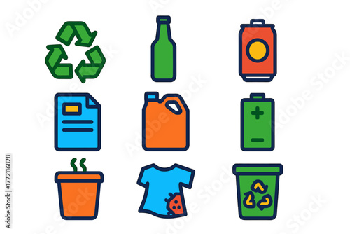 Recycling Icon Set. Flat vector icons of recycling symbols: recycling arrows, glass bottle, aluminum can, paper sheet, plastic