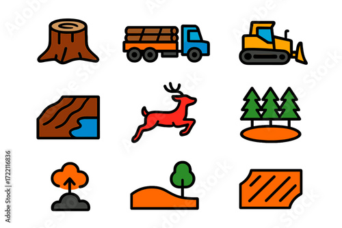 Deforestation Impact Icons. Flat vector icons of deforestation impacts: tree stump, logging truck, bulldozer, soil erosion,