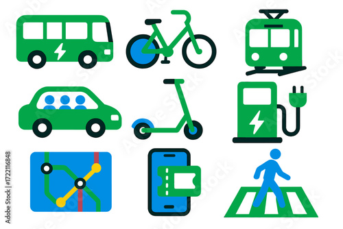 Green Transportation Icons. Flat vector icons of green transportation: electric bus, bike share, tram, carpool car, scooter,