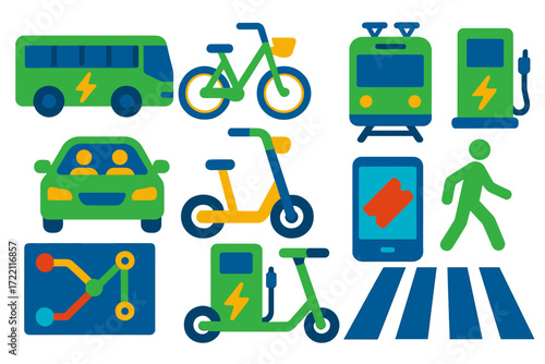 Green Transportation Icons. Flat vector icons of green transportation: electric bus, bike share, tram, carpool car, scooter,