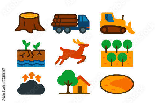Deforestation Impact Icons. Flat vector icons of deforestation impacts: tree stump, logging truck, bulldozer, soil erosion,