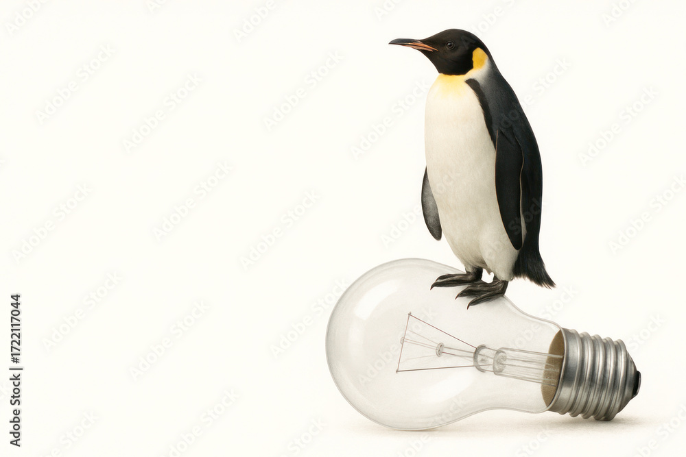 Obraz premium A penguin is sitting on an electric bulb. Space for text.