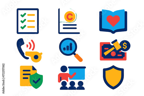 Compliance Icon Set. Flat vector icons of compliance and ethics: checklist, compliance report, ethical code, whistleblower hotline