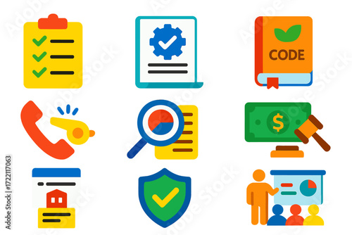 Compliance Icon Set. Flat vector icons of compliance and ethics: checklist, compliance report, ethical code, whistleblower hotline